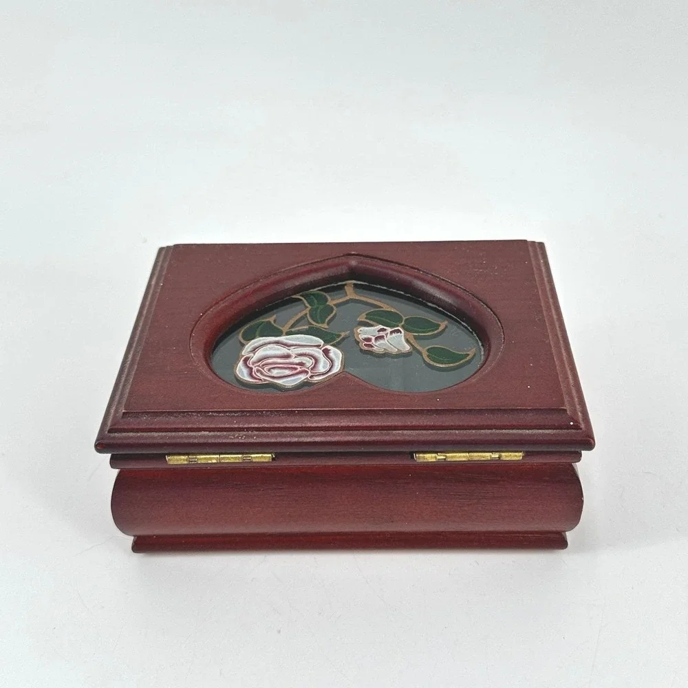 Vintage Wooden‎ Jewelry Box Heart Rose Cottagecore Keepsake Trinket Box